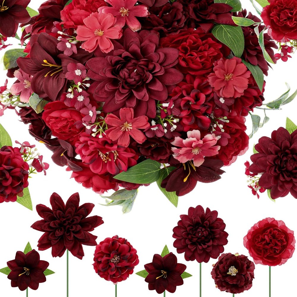 Florist Supply Bulk - ชุดดอกไม้ประดิษฐ์สีแดงสำหรับตกแต่งคริสต์มาส 32 ชิ้น ดอกไม้ปลอมคละแบบพร้อมก้าน สำหรับทำพวงหรีด DIY